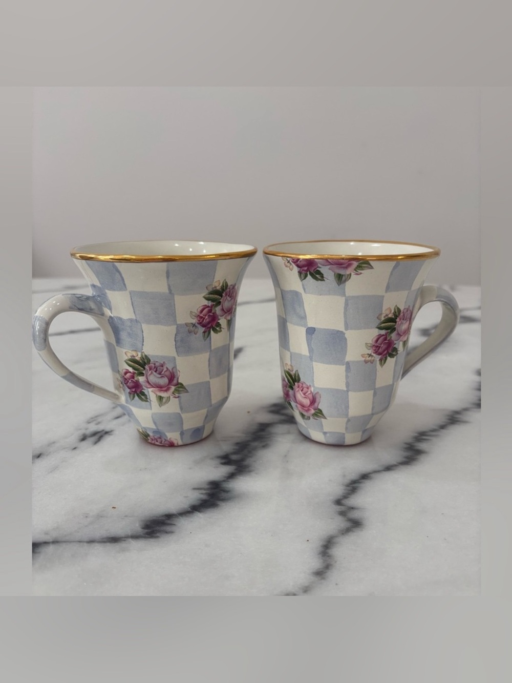 MacKenzie-Childs Honeymoon Checkered Mugs Morning Glory